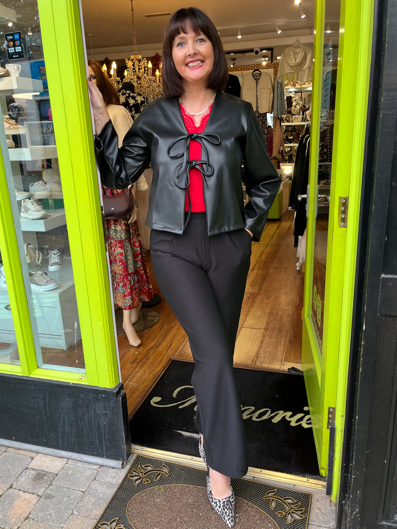 Gracie Faux Leather Bow Tie Jacket - Black
