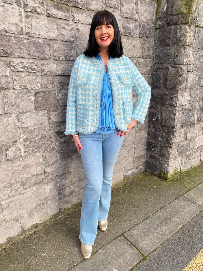 Meira Houndstooth Tweed Knitted Jacket  - Powder Blue