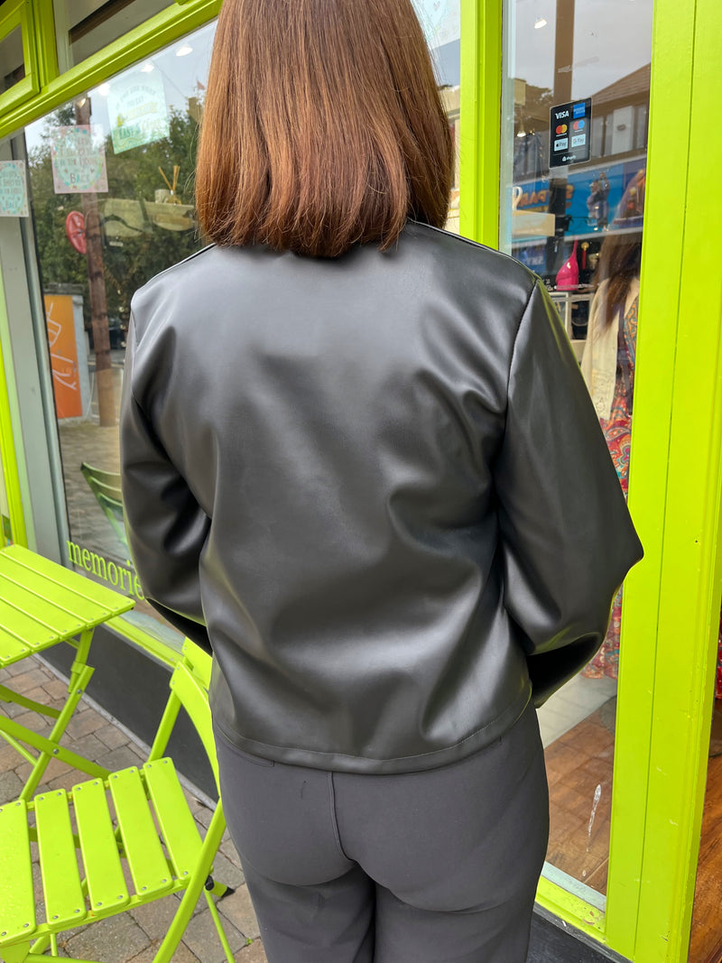 Gracie Faux Leather Bow Tie Jacket - Black