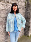 Meira Houndstooth Tweed Knitted Jacket  - Powder Blue