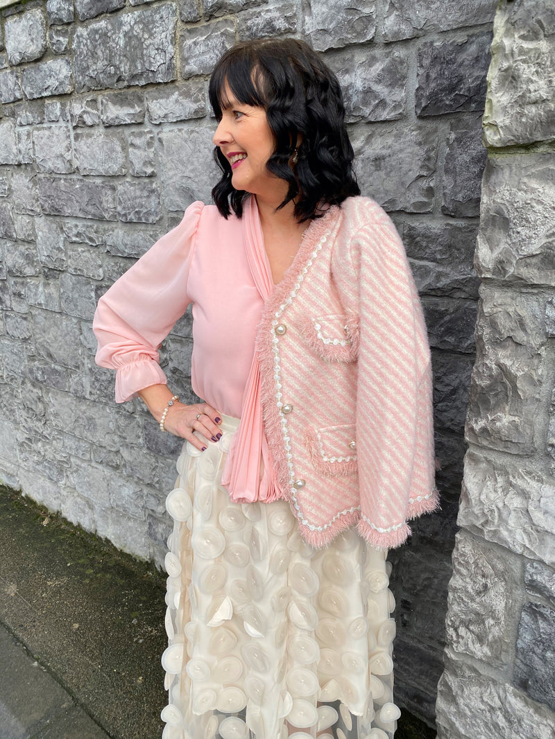 Irene Stripe Tweed Knitted Jacket  - Powder Pink