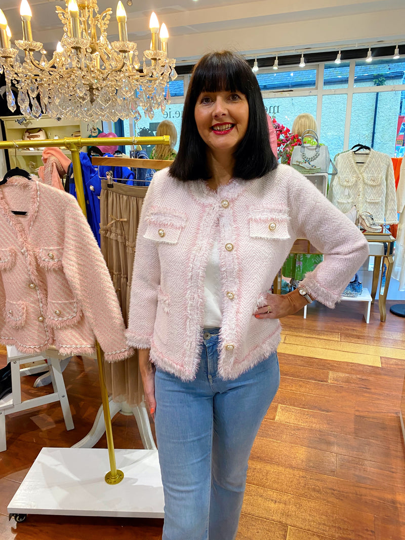 Linda Metallic Thread Pearl Knitted Jacket - Pink