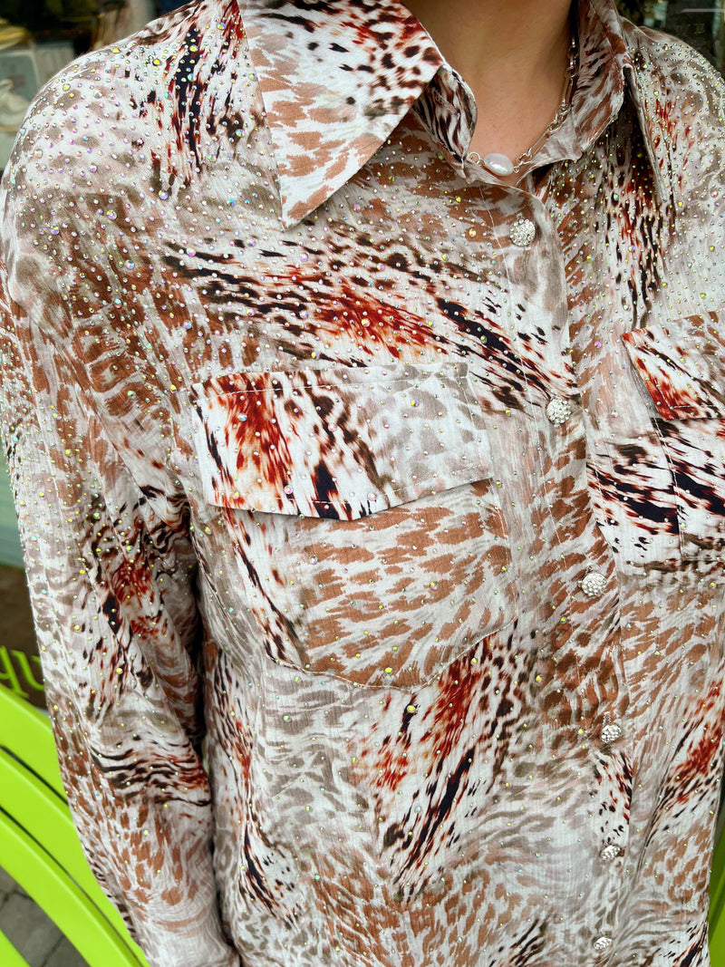 Ryleigh Diamante Embellished & Animal Print Shirt - Mocha Beige
