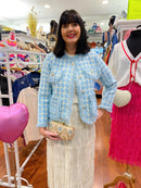 Meira Houndstooth Tweed Knitted Jacket  - Powder Blue