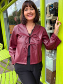 Gracie Faux Leather Bow Tie Jacket - Burgundy