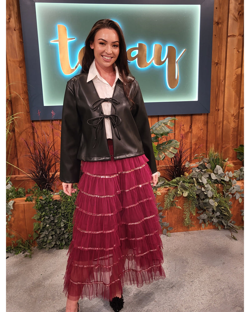 Rian Ruffle & Sequin Tulle Skirt - Burgundy