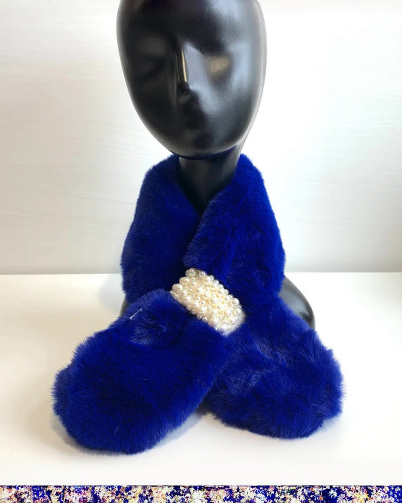 Maisie Faux Fur Neck Collar - Blue with Pearls