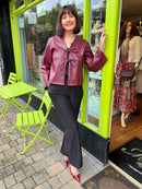 Gracie Faux Leather Bow Tie Jacket - Burgundy
