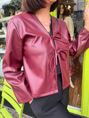 Gracie Faux Leather Bow Tie Jacket - Burgundy