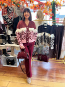 Harper Animal Print Fringe Cardi - Burgundy & Pink