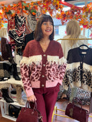 Harper Animal Print Fringe Cardi - Burgundy & Pink