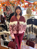 Harper Animal Print Fringe Cardi - Burgundy & Pink