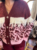 Harper Animal Print Fringe Cardi - Burgundy & Pink