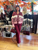 Harper Animal Print Fringe Cardi - Burgundy & Pink