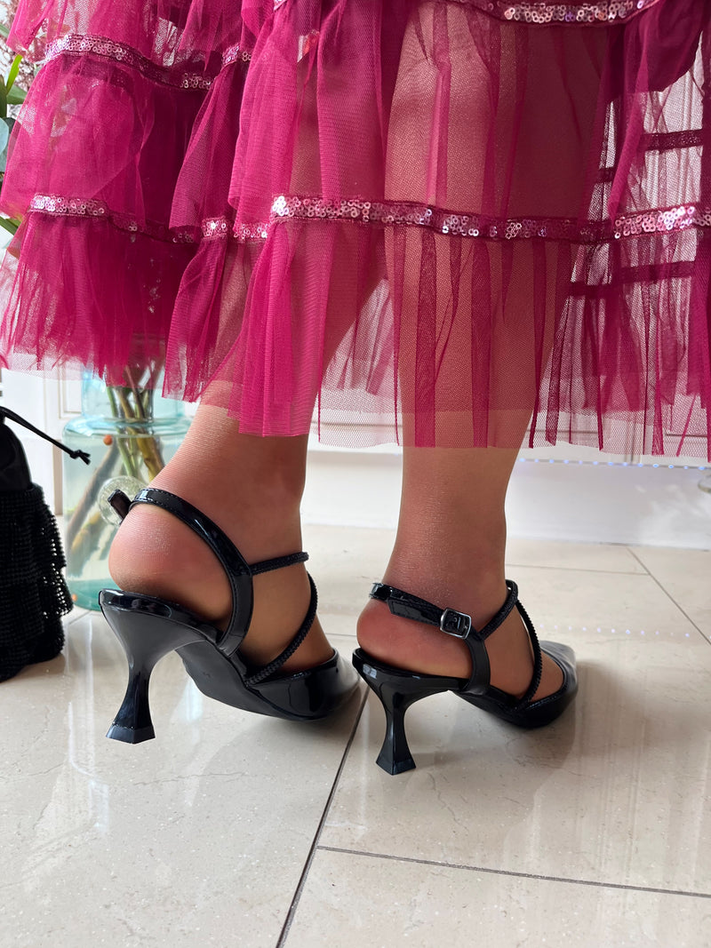 Sorento 'Boris' Black Shine Sling Back Stiletto