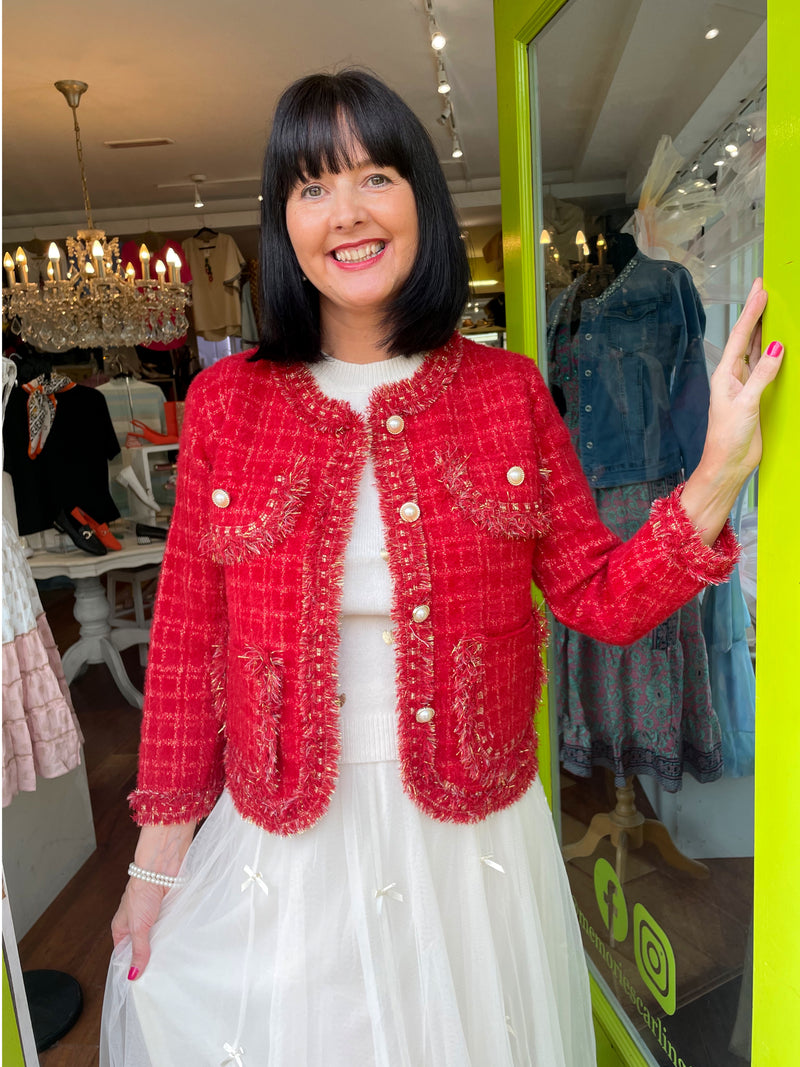Nell Gold Thread Knitted Jacket - Red