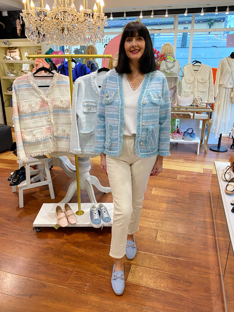Alexia Stripe Pearl Knitted Jacket - Sky Blue