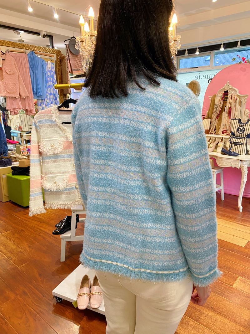 Alexia Stripe Pearl Knitted Jacket - Sky Blue