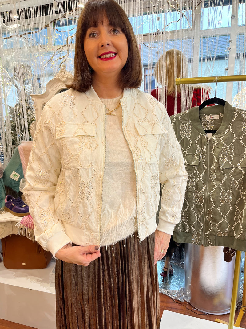 Trey Sequin & Embroidery Bomber Jacket - Cream