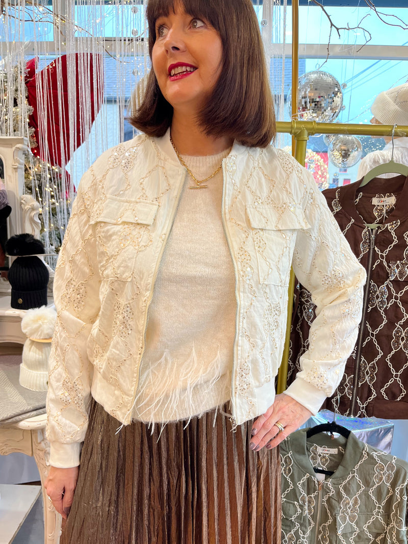 Trey Sequin & Embroidery Bomber Jacket - Cream