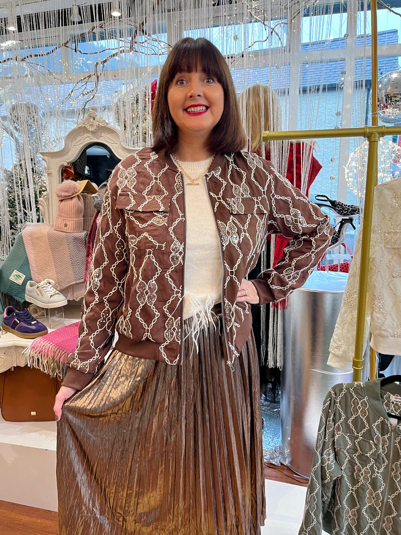 Trey Sequin & Embroidery Bomber Jacket - Chocolate