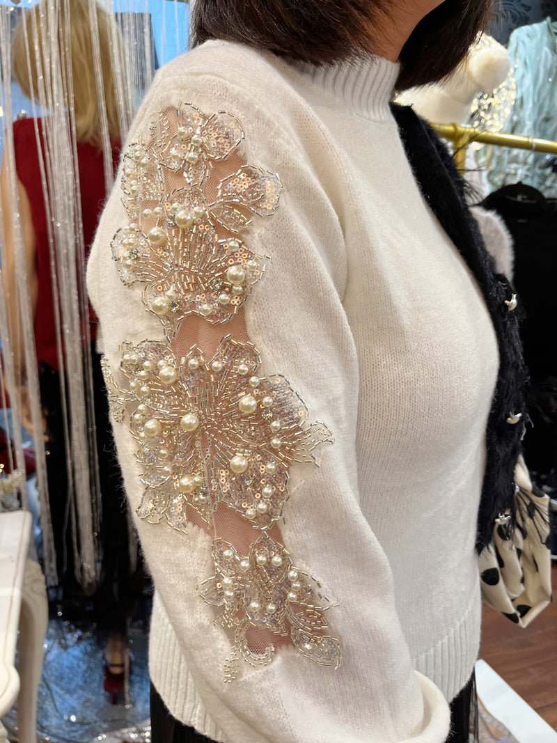 Katherine Pearl & Mesh Knit Jumper - Winter White