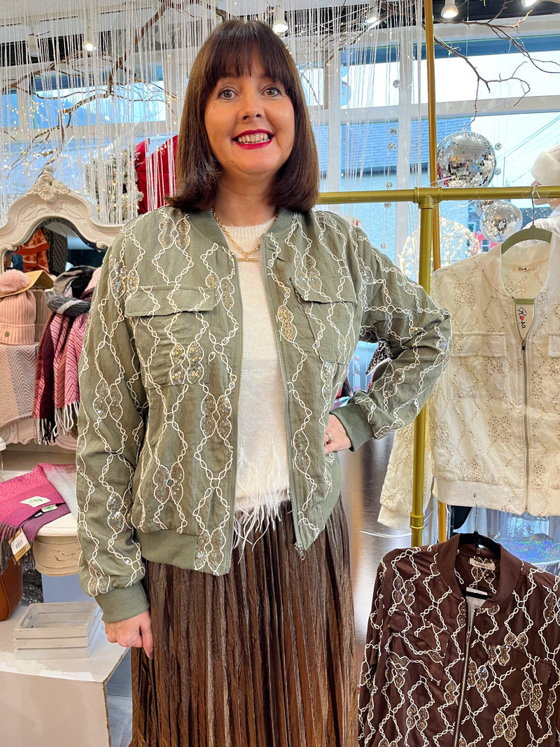 Trey Sequin & Embroidery Bomber Jacket - Green
