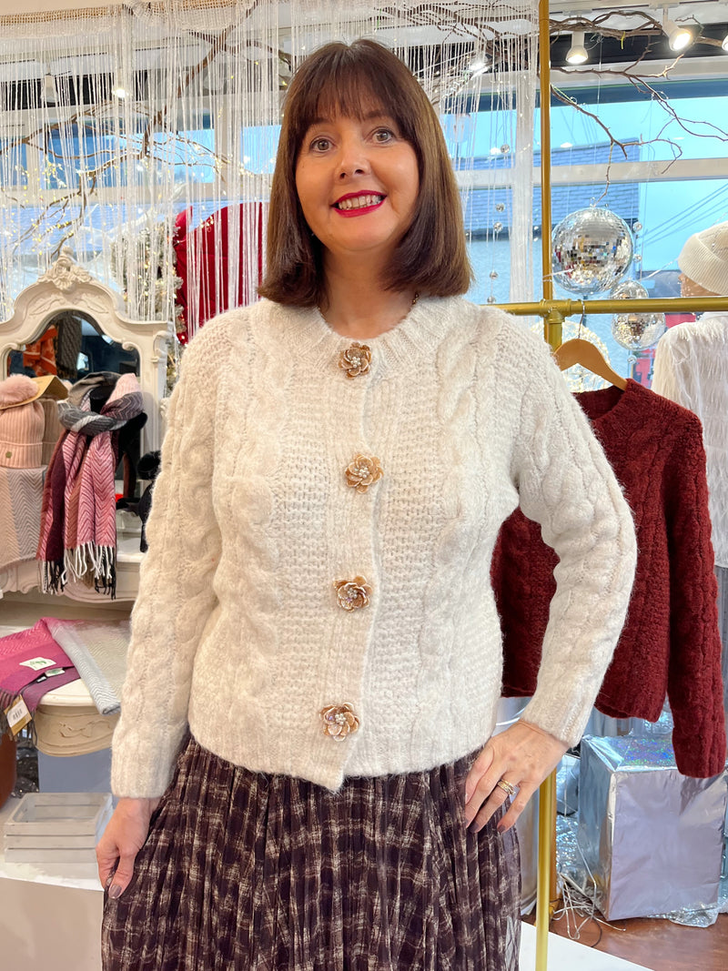 Avery Cardi Flower & Pearl Buttons - Oatmeal