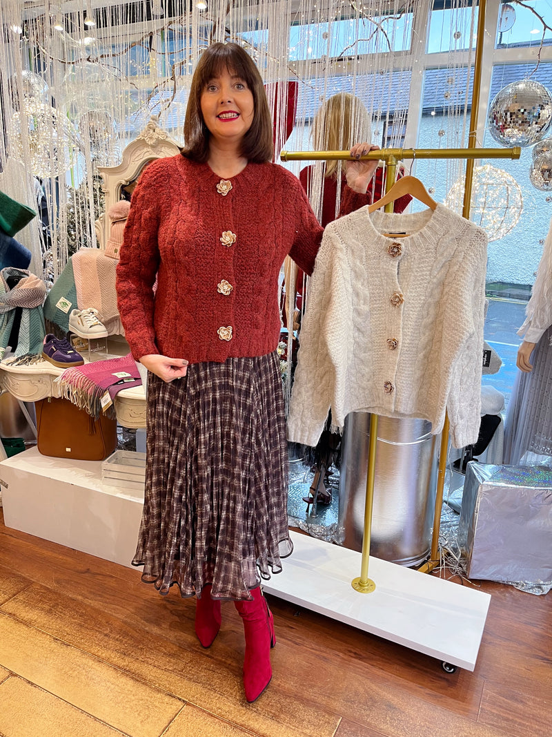 Avery Cardi Flower & Pearl Buttons - Rust Burgundy