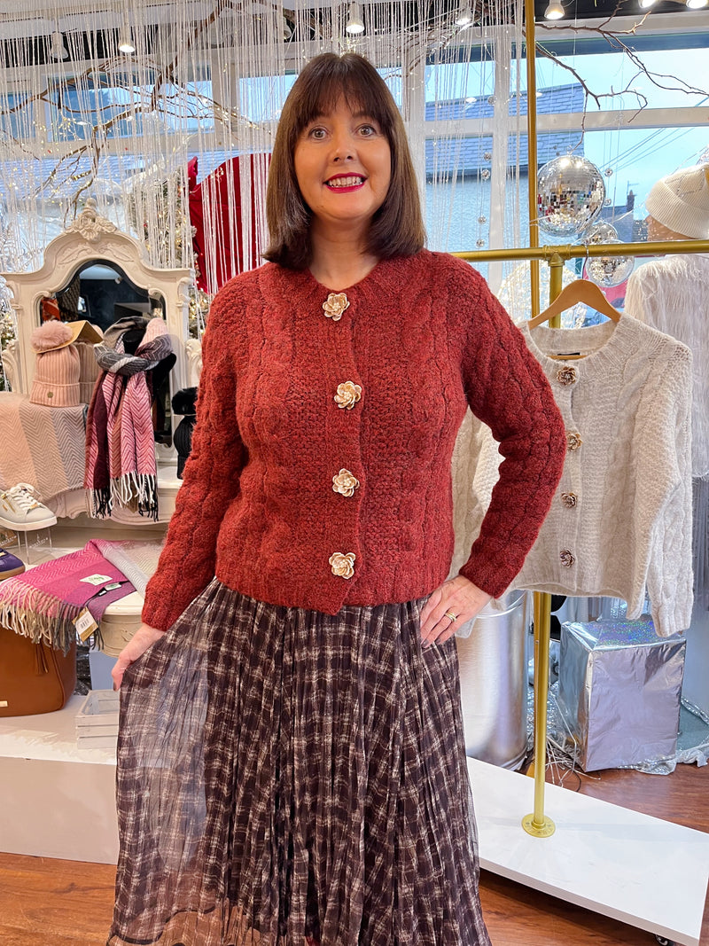 Avery Cardi Flower & Pearl Buttons - Rust Burgundy