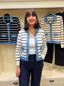 Reese Denim Trim Stripe Cardi - White & Navy