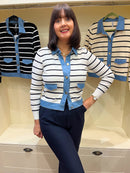 Reese Denim Trim Stripe Cardi - White & Navy