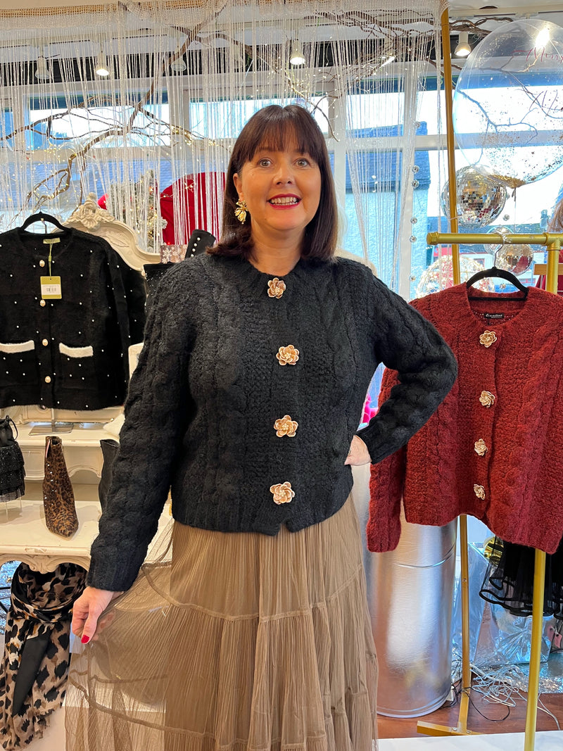 Avery Cardi Flower & Pearl Buttons - Black