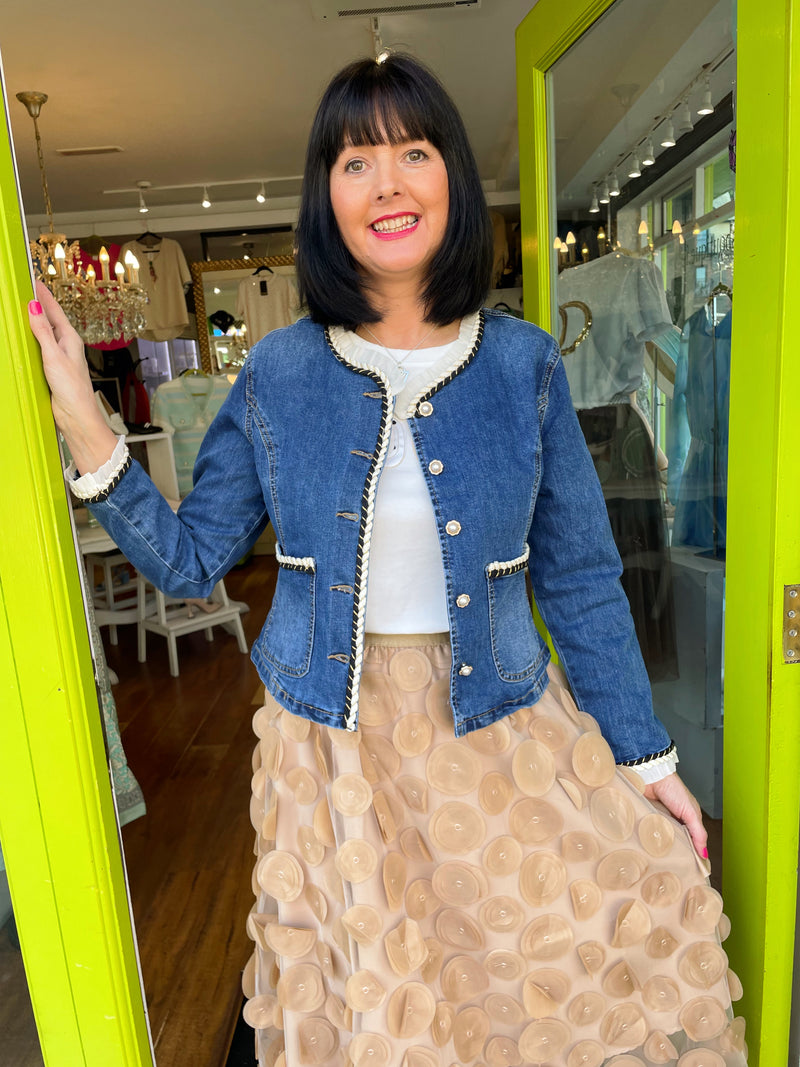 Amanada Cream & Black Trim Denim Jacket With Pearl Buttons