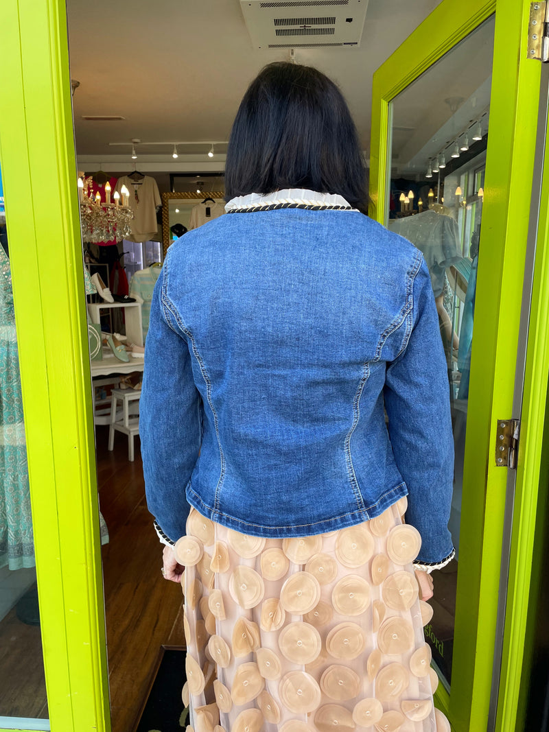 Amanada Cream & Black Trim Denim Jacket With Pearl Buttons