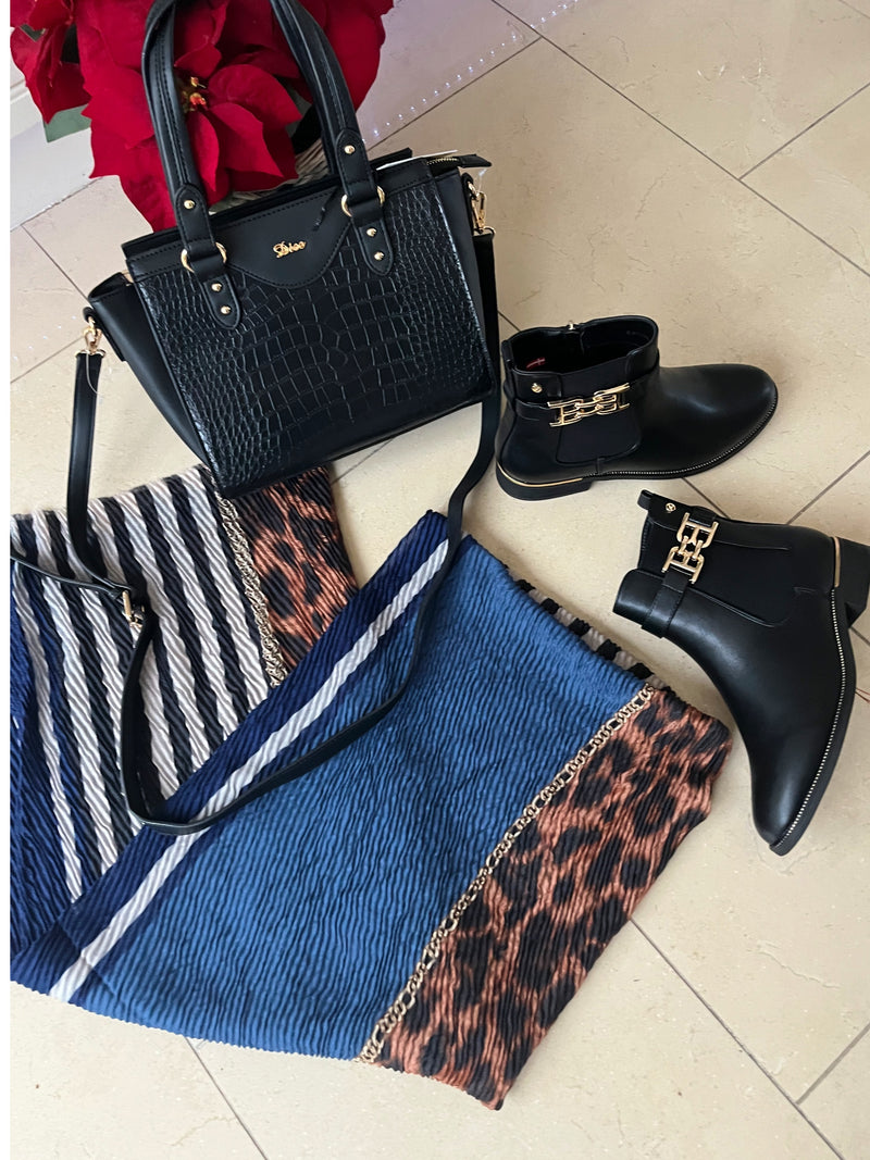 Addison Leopard & Chain Print Scarf - Blue Stripe