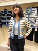 Reese Denim Trim Stripe Cardi - Beige & Black