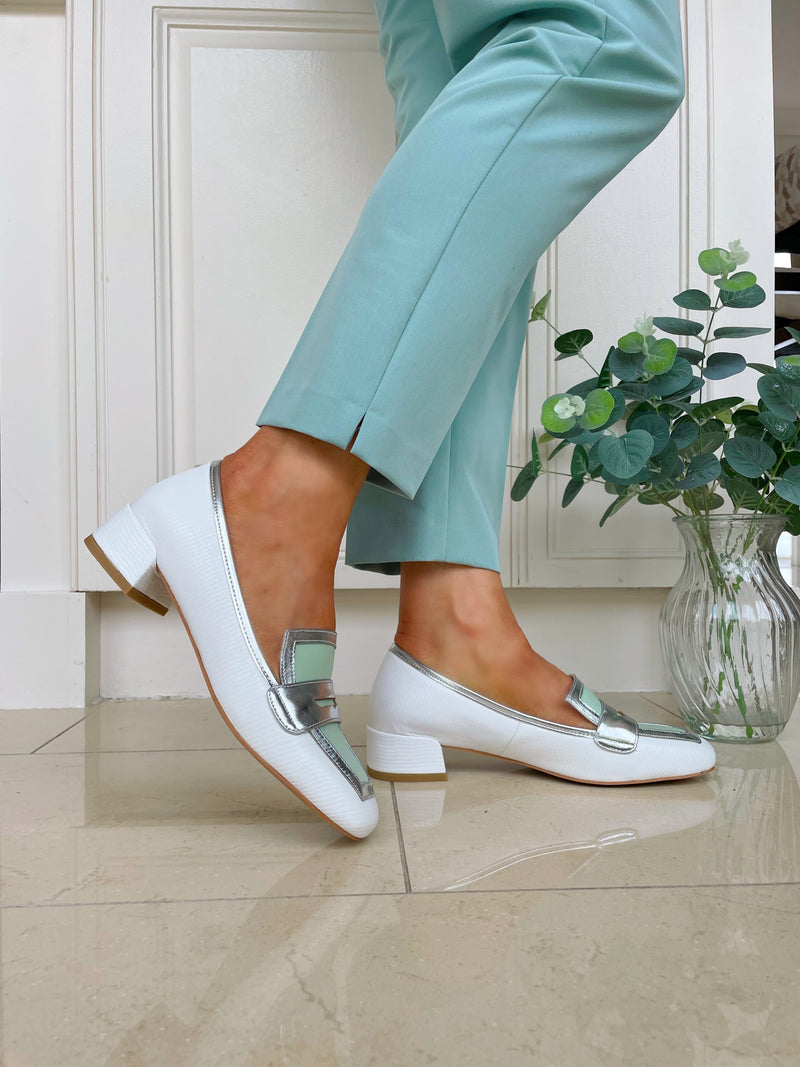 Dancing Matilda "Blanco Menta" Loafer - White, Green & Silver