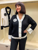 Grace Flower Motif Cardigan - Black with Cream