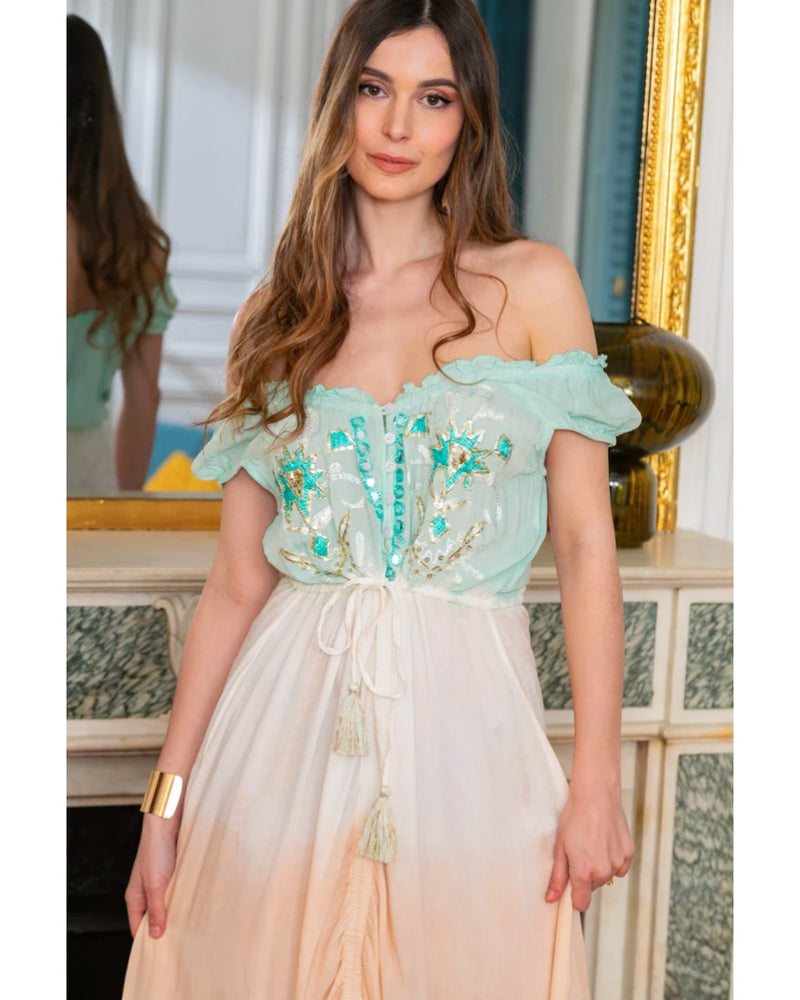 Izzy Sequin Applique Cotton Dress - Turquoise Sunset