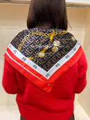 Fay Printed Neck Scarf - Brown With Coral Trim