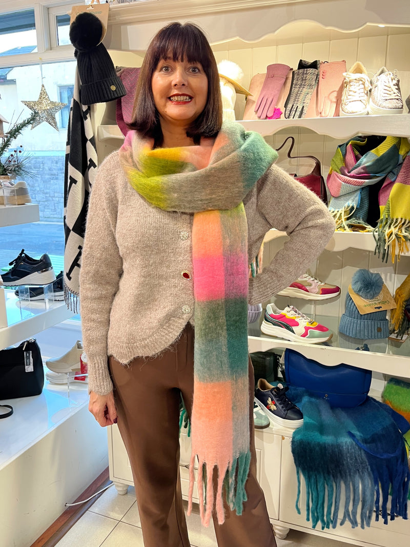 Celtic Ore Chunky Wool Scarf - Pink, Green, Peach & Mustard