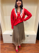 Fay Printed Neck Scarf - Brown With Coral Trim