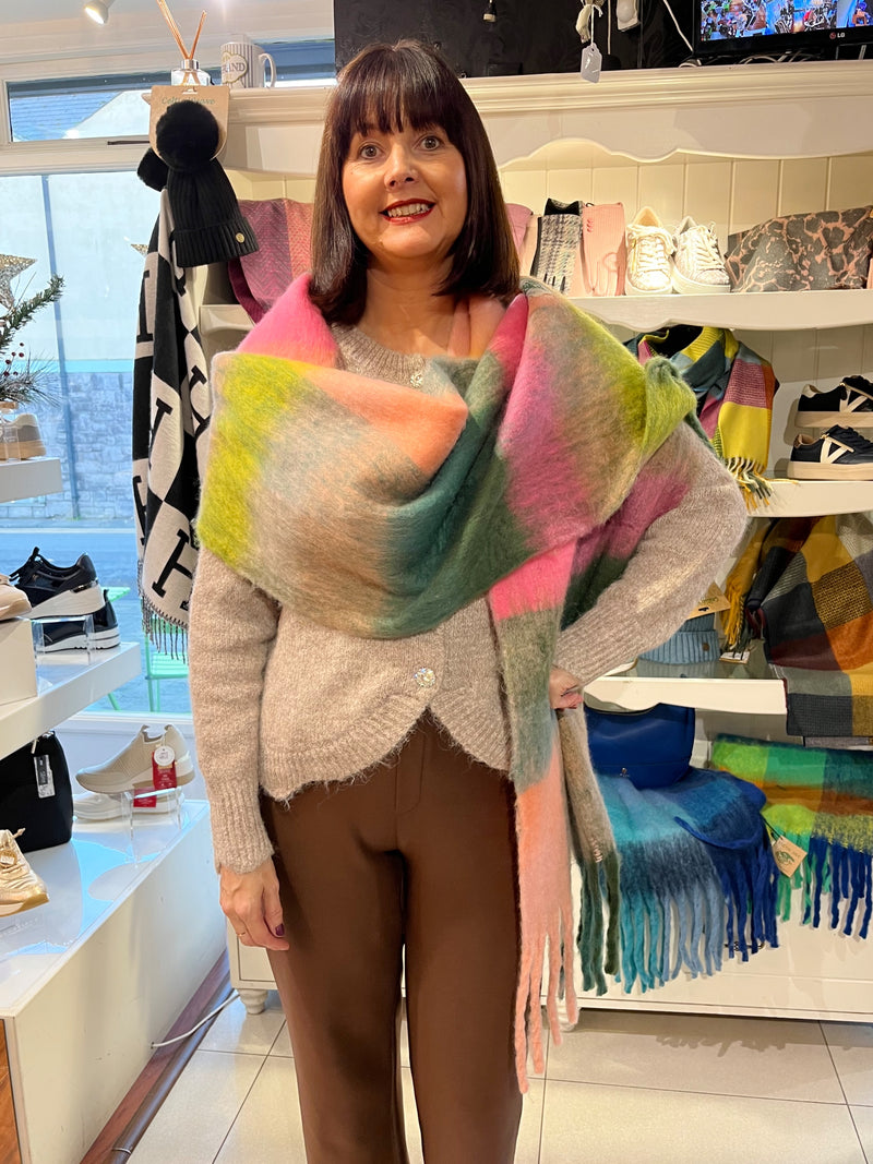 Celtic Ore Chunky Wool Scarf - Pink, Green, Peach & Mustard