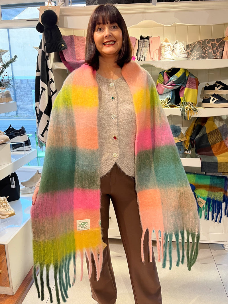 Celtic Ore Chunky Wool Scarf - Pink, Green, Peach & Mustard