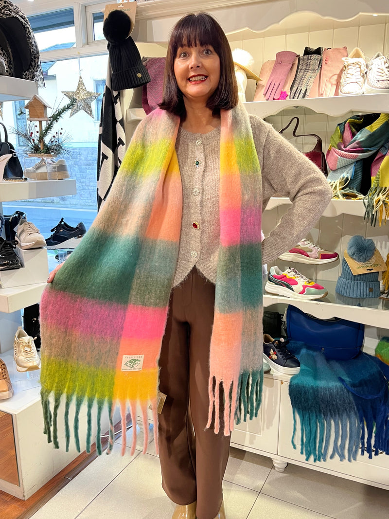 Celtic Ore Chunky Wool Scarf - Pink, Green, Peach & Mustard