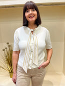 Elody Knit Cardi With Stripe Bow - Cream & Beige