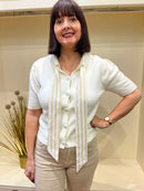 Elody Knit Cardi With Stripe Bow - Cream & Beige