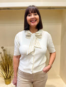 Elody Knit Cardi With Stripe Bow - Cream & Beige