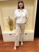 Elody Knit Cardi With Stripe Bow - Cream & Beige